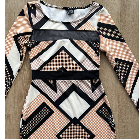 Fire Los Angeles Small Black/Tan/White Abstract A-Line Midi Long Sleeve Dress - Picture 2 of 10